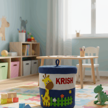 Li'll Pumpkins Personalized Jungle Theme toys/multipurpose storage basket with lid, color- Blue