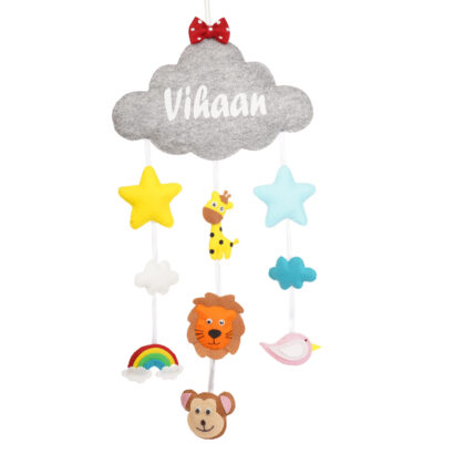 Li'll Pumpkins Animal Theme with cloud and stars Personalized name Hanging, Color - Grey