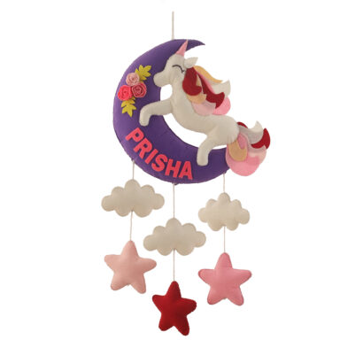 Li'll Pumpkins Moon Unicorn with stars Theme Personalised Felt Name Hanging, Colour - Multi Pastel Color