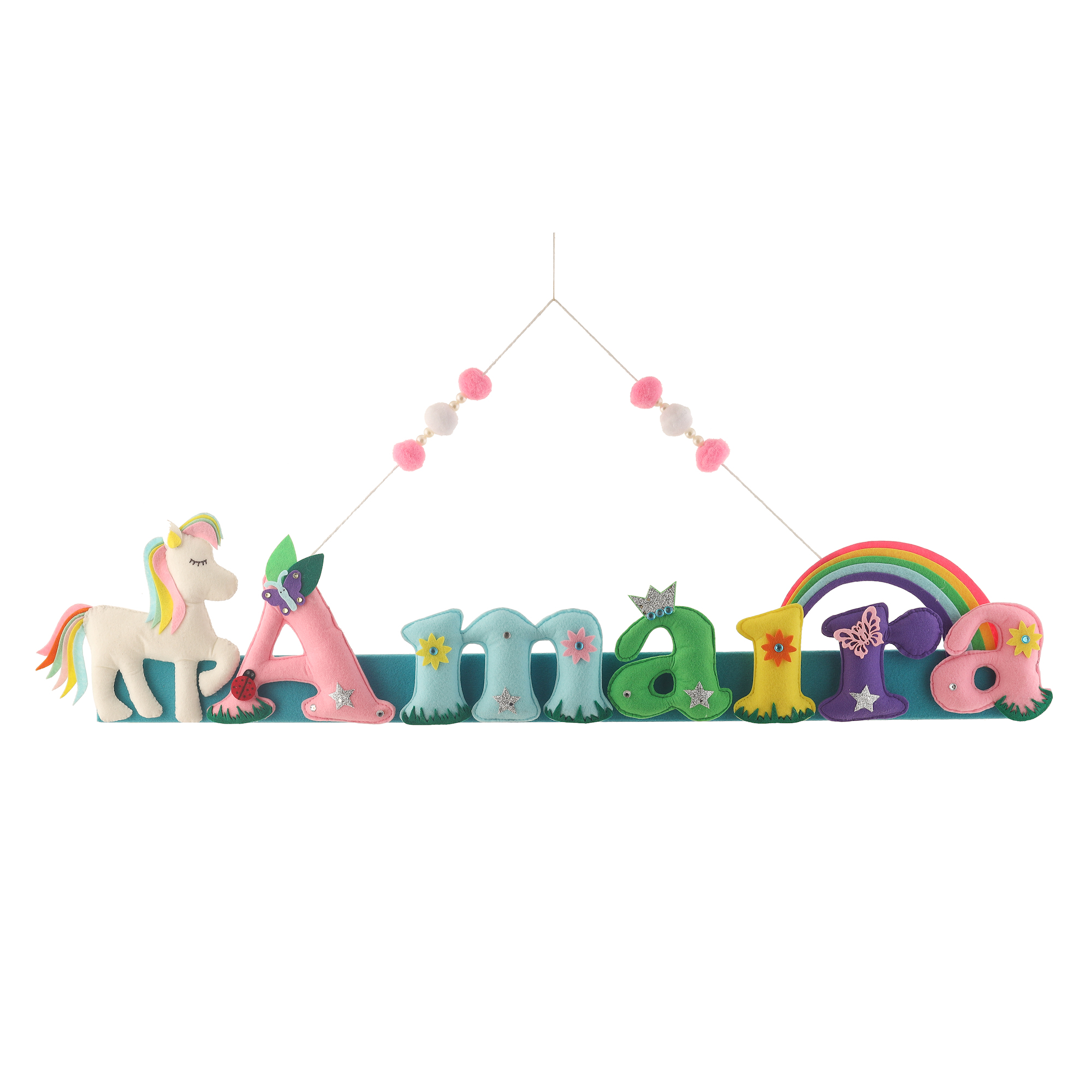 Li'll Pumpkins Rainbow Pastel Unicorn Theme Customized Personalised Felt Name Alphabet Hanging, Colour - Multi