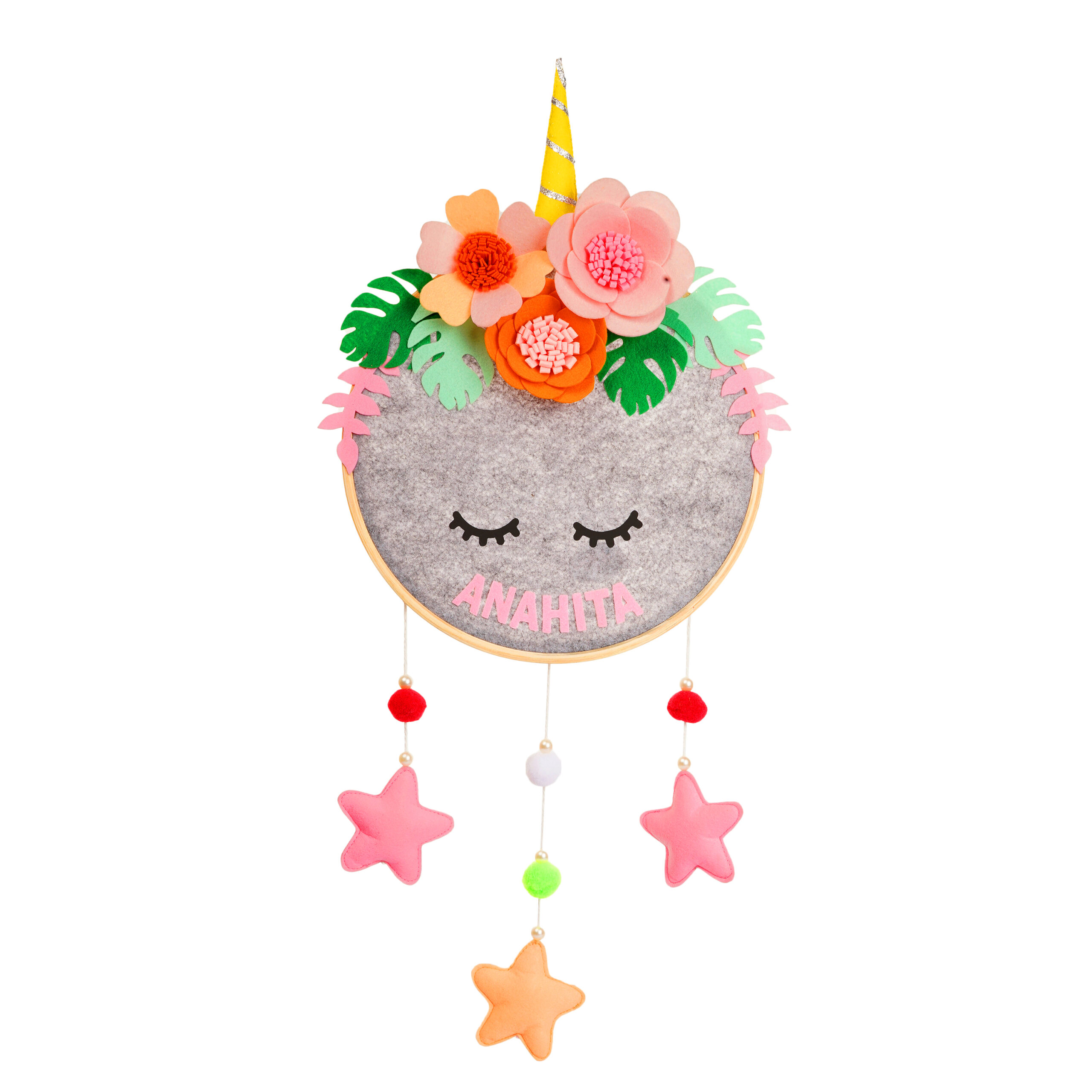 Li'll Pumpkins Unicorn Theme with handmade felt flowers Personalized Hoop name Hanging, Color - Grey pink