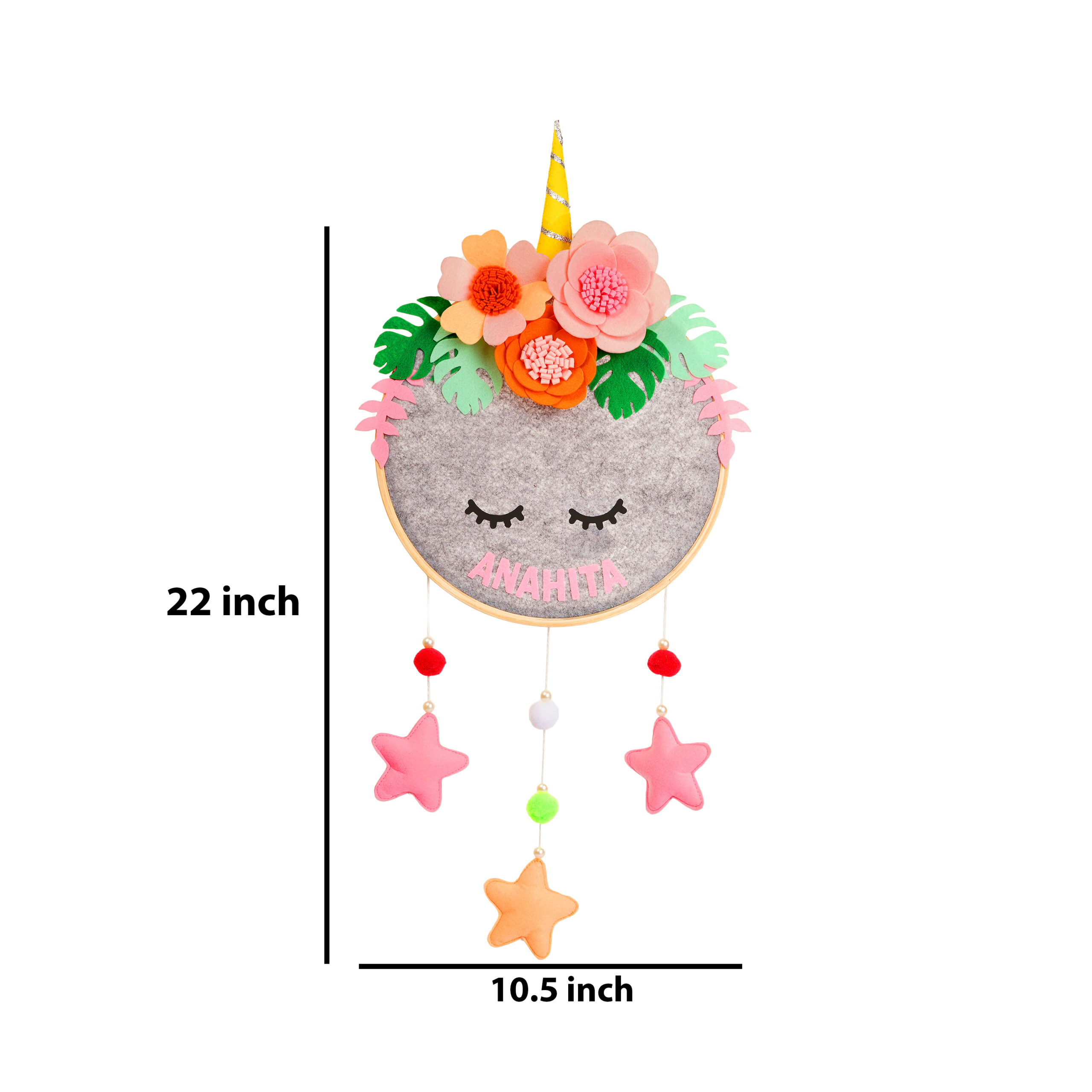 Li'll Pumpkins Unicorn Theme with handmade felt flowers Personalized Hoop name Hanging, Color - Grey pink