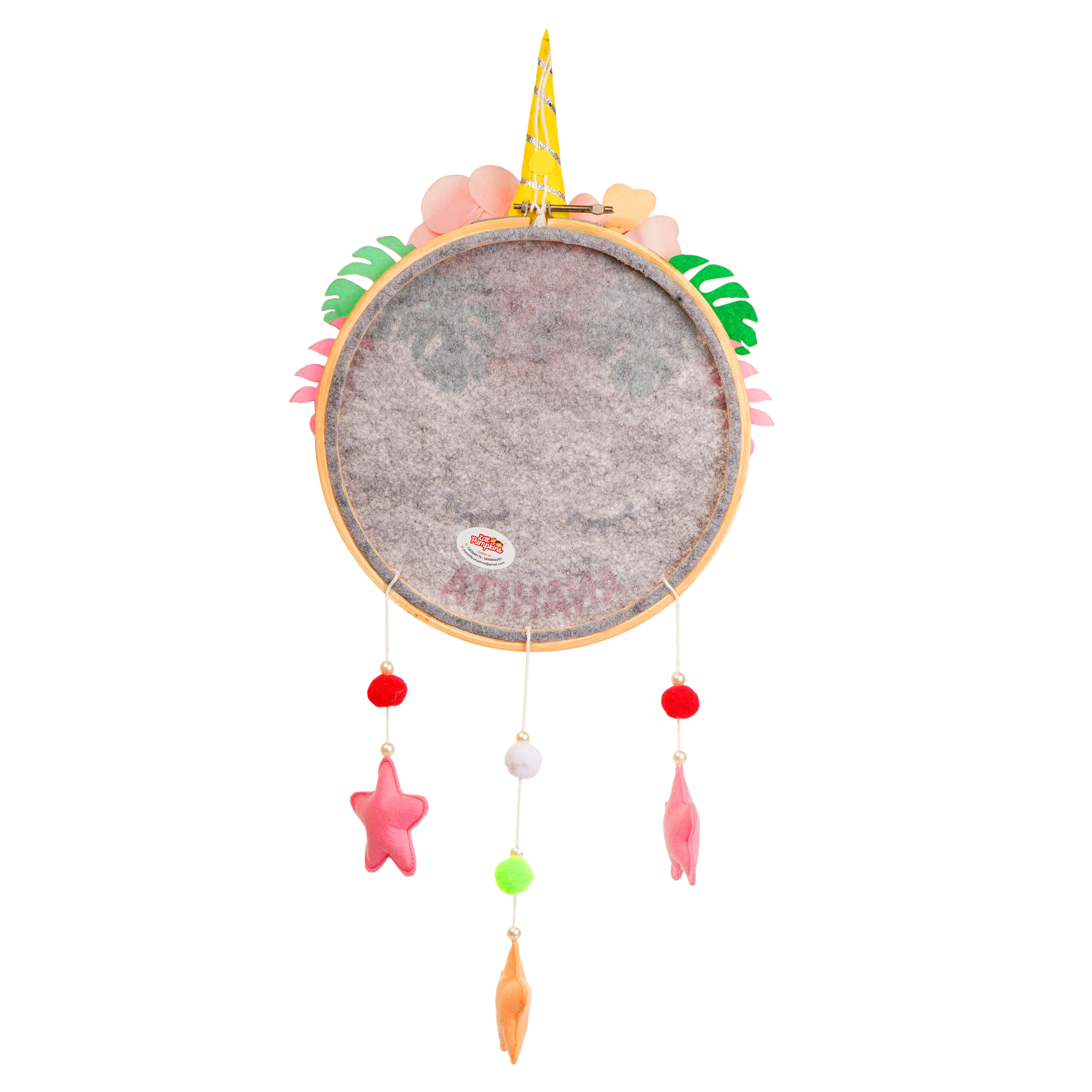 Li'll Pumpkins Unicorn Theme with handmade felt flowers Personalized Hoop name Hanging, Color - Grey pink