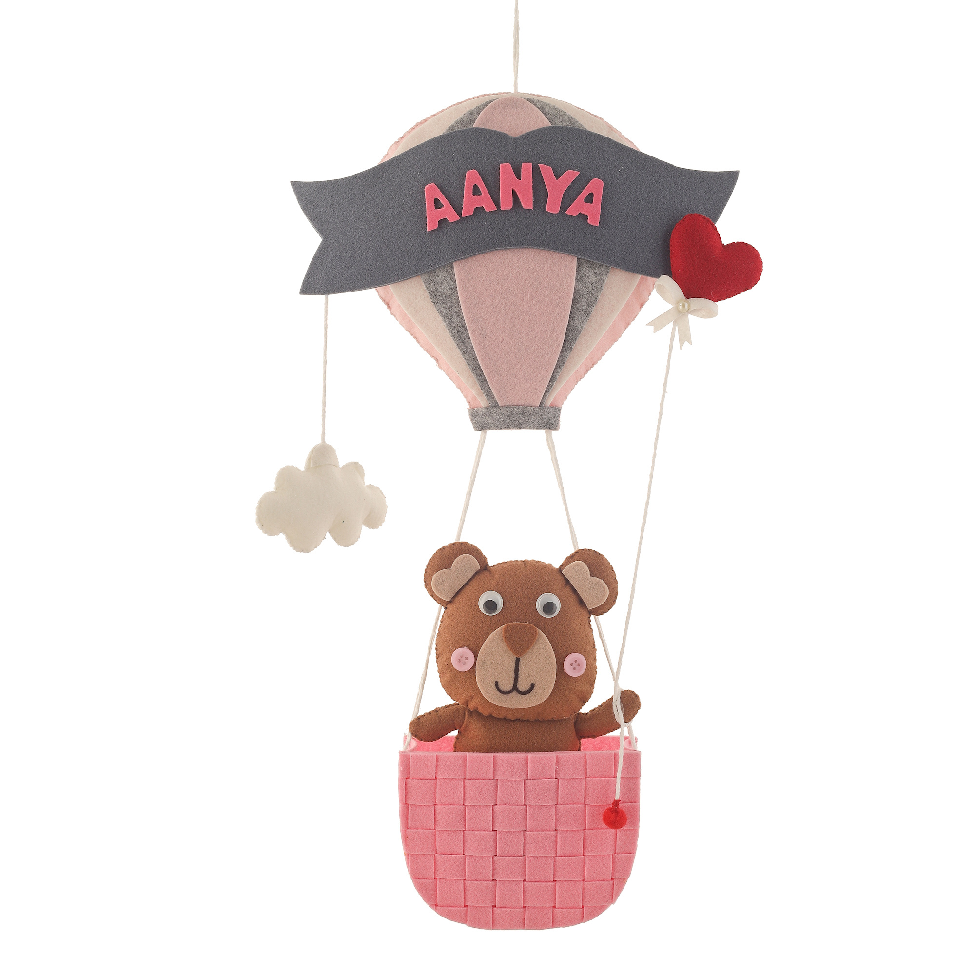 Li'll Pumpkins Hot air balloon with Teddy Basket Theme Personalised Felt Hanging, Colour - Baby Pink