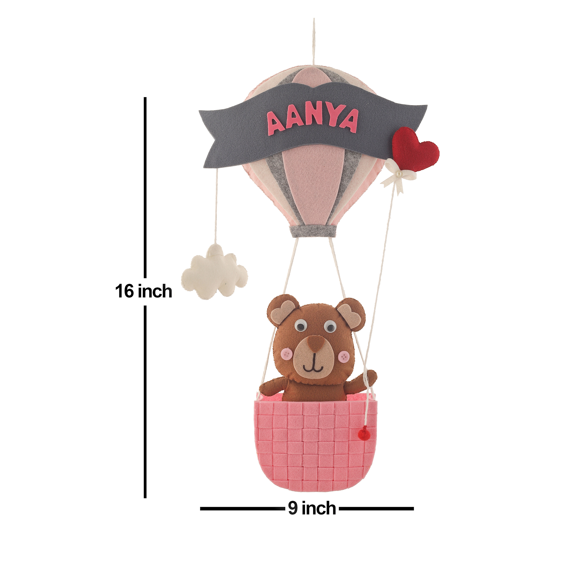 Li'll Pumpkins Hot air balloon with Teddy Basket Theme Personalised Felt Hanging, Colour - Baby Pink