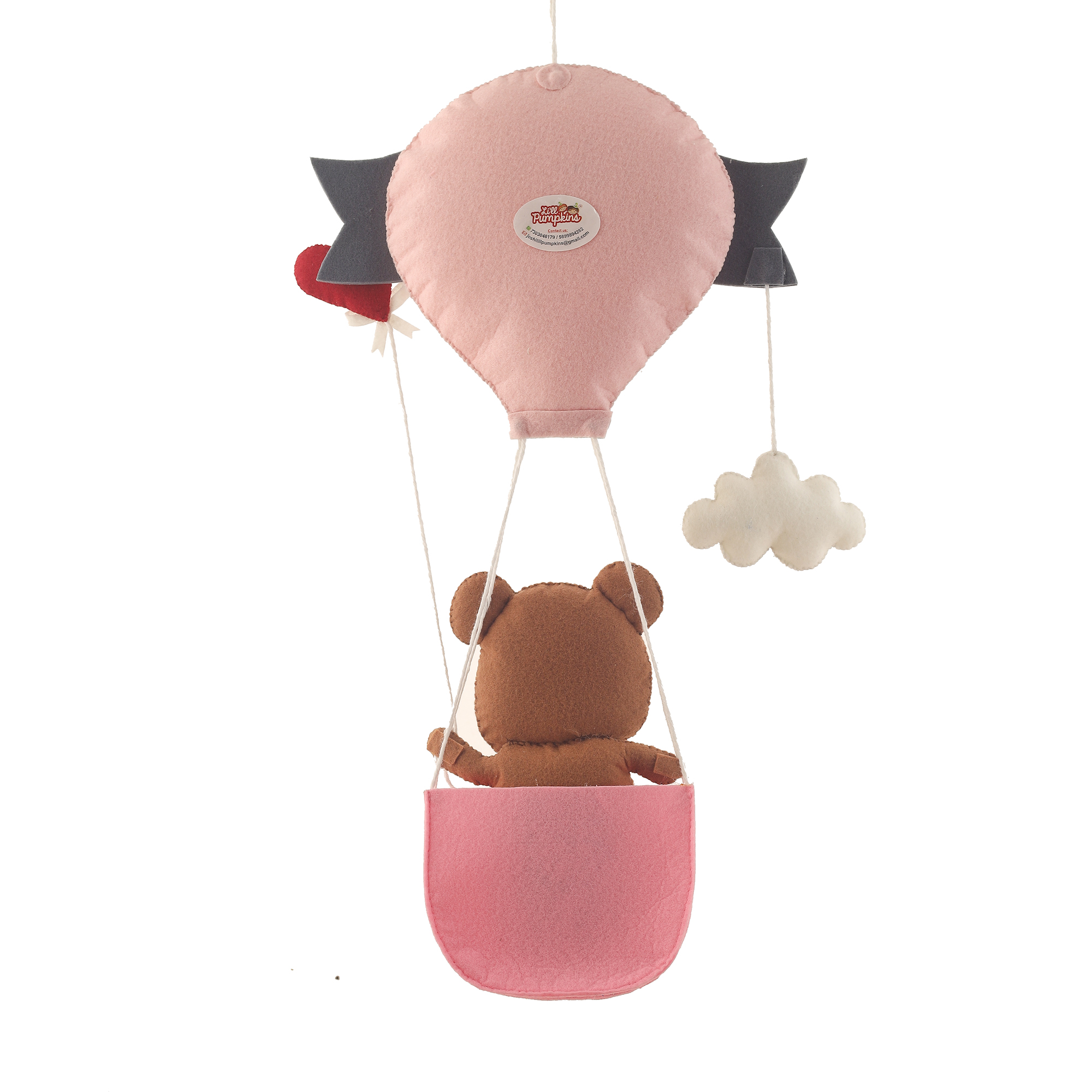 Li'll Pumpkins Hot air balloon with Teddy Basket Theme Personalised Felt Hanging, Colour - Baby Pink