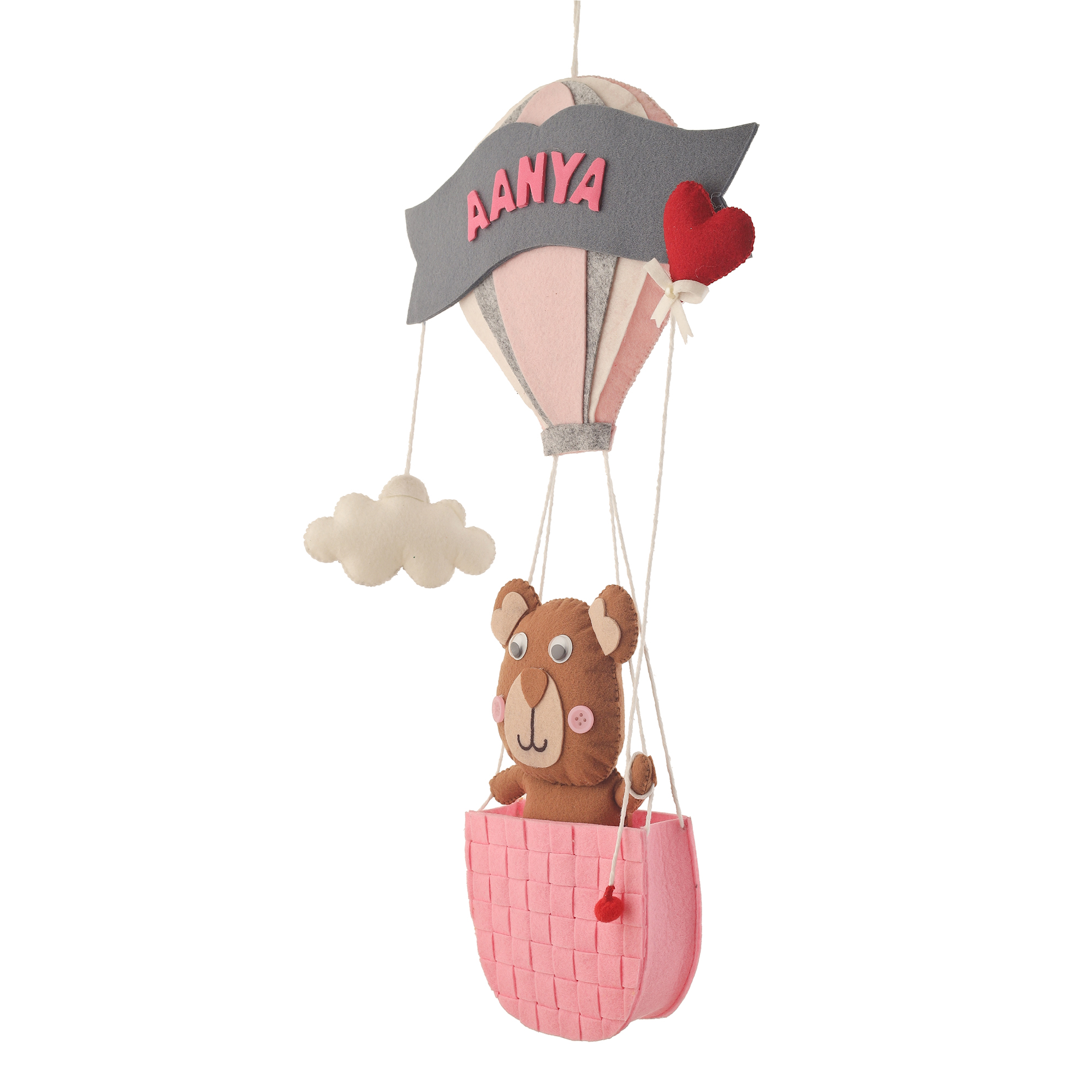 Li'll Pumpkins Hot air balloon with Teddy Basket Theme Personalised Felt Hanging, Colour - Baby Pink