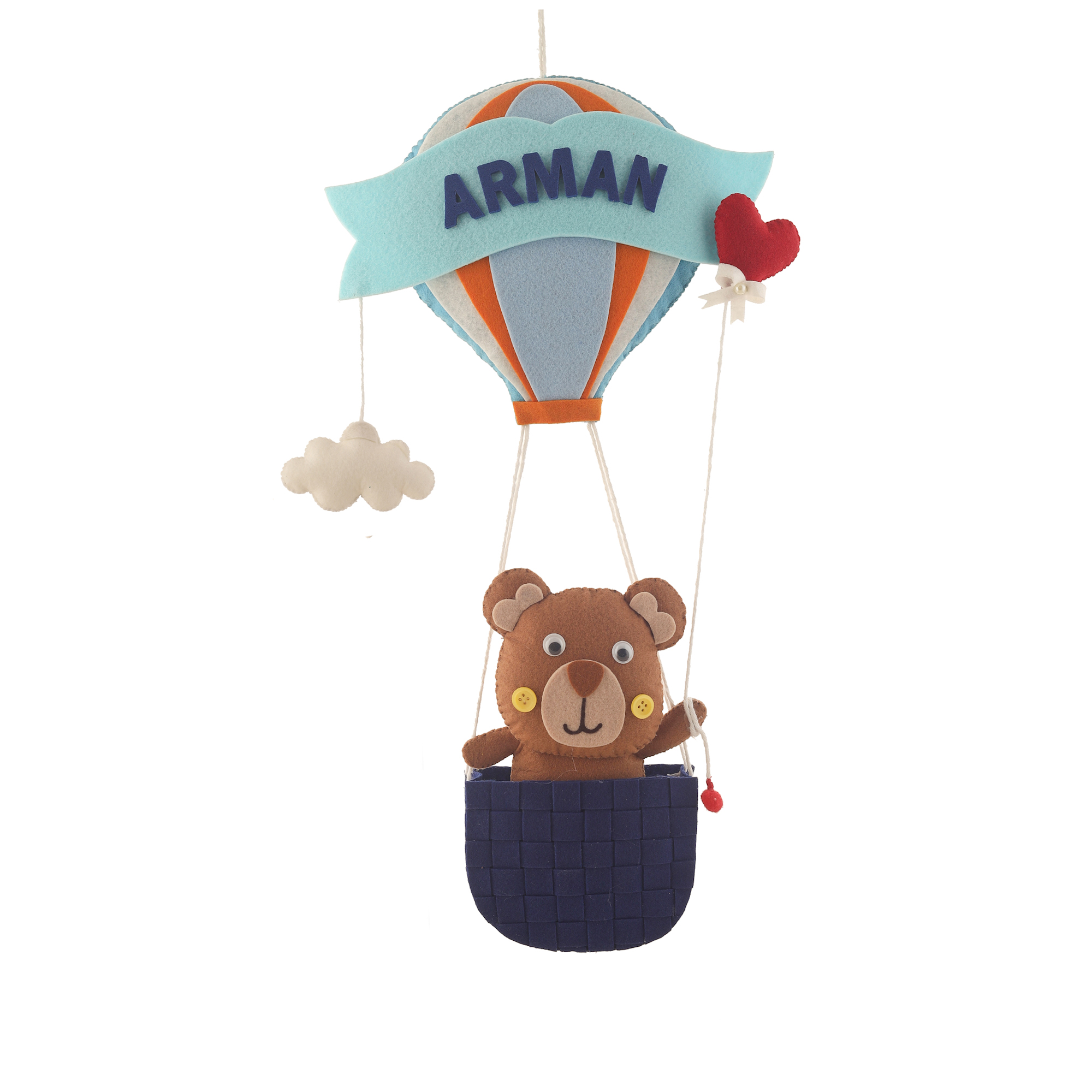 Li'll Pumpkins Hot air balloon with Teddy Basket Theme Personalised Felt Name Hanging, Colour - Light Blue