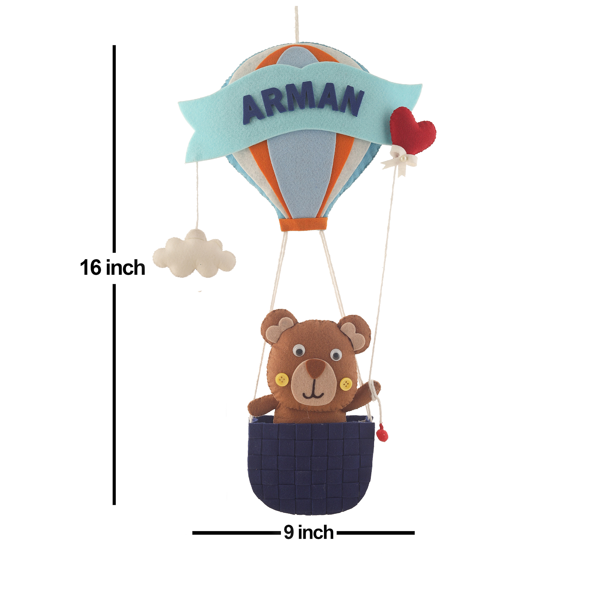 Li'll Pumpkins Hot air balloon with Teddy Basket Theme Personalised Felt Name Hanging, Colour - Light Blue