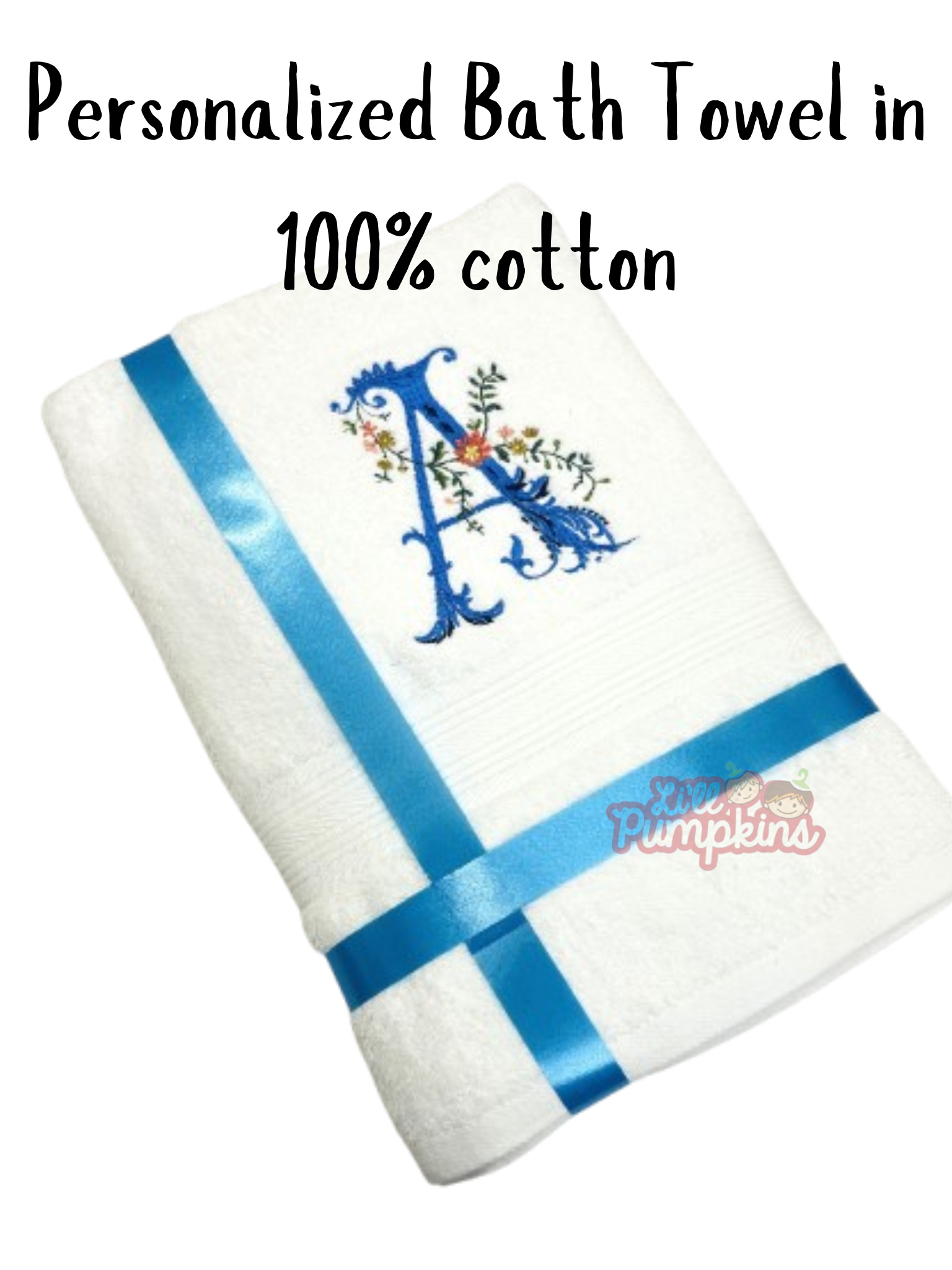 Li’ll Pumpkins Initial Theme Personalized 100% cotton Bath Towel for all age 500 GSM quality (set of 1), Color - White