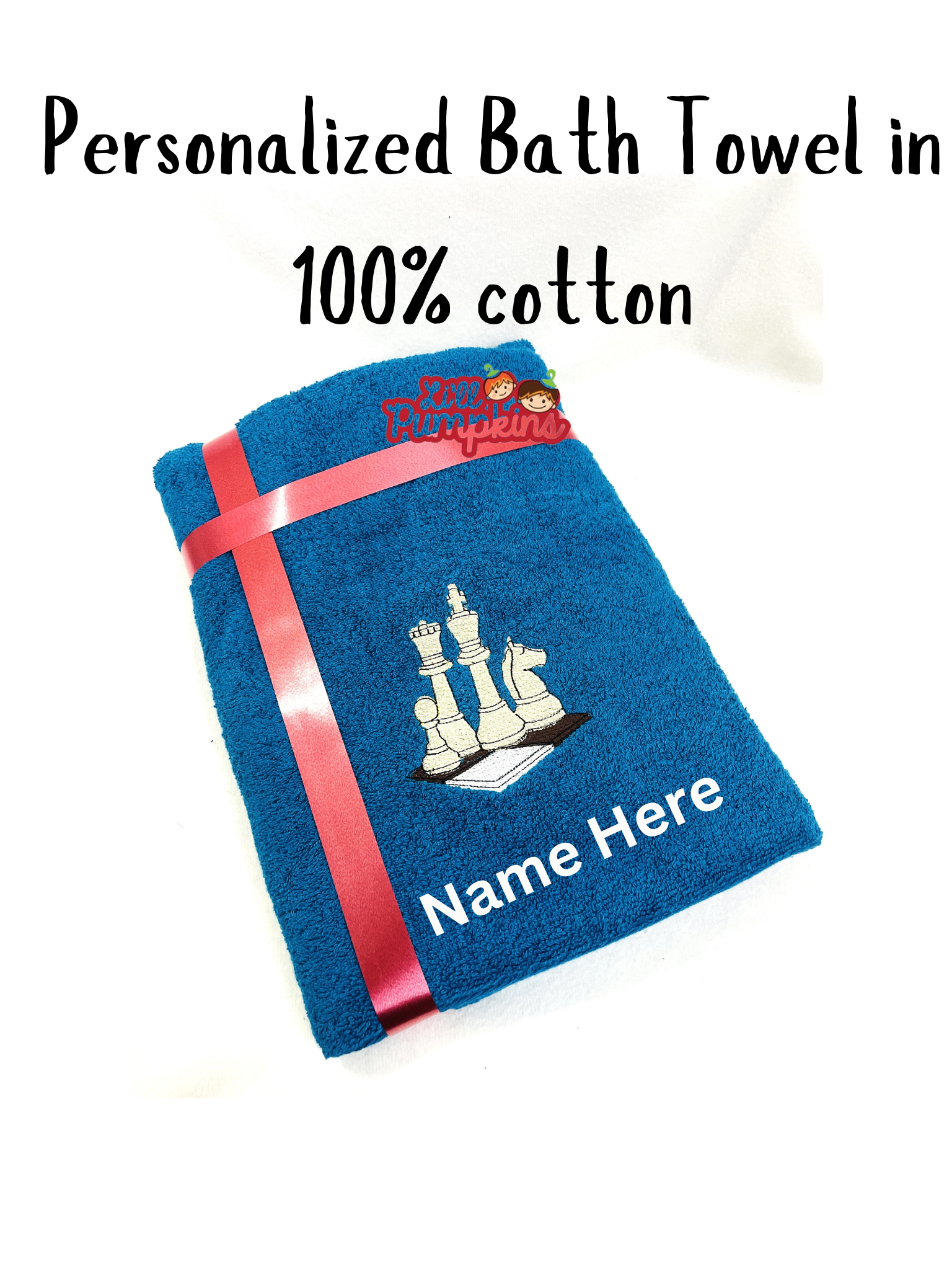 Li’ll Pumpkins Chess Theme Personalized 100% cotton Bath Towel with NAME, 500 GSM quality (set of 1), Color - Turq Blue
