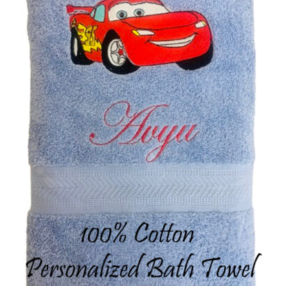 Li’ll Pumpkins Car Theme Personalized 100% cotton Bath Towel for kids, 500 GSM quality (set of 1), Color - Light Blue