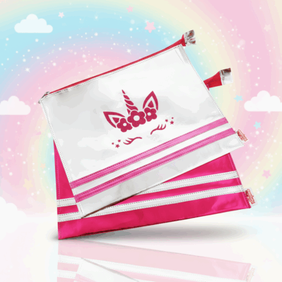 Li'll Pumpkins Pink and silver Unicorn printed A4 size Metallic zip folders for kids, Color - Pink and silver (2 pc combo)