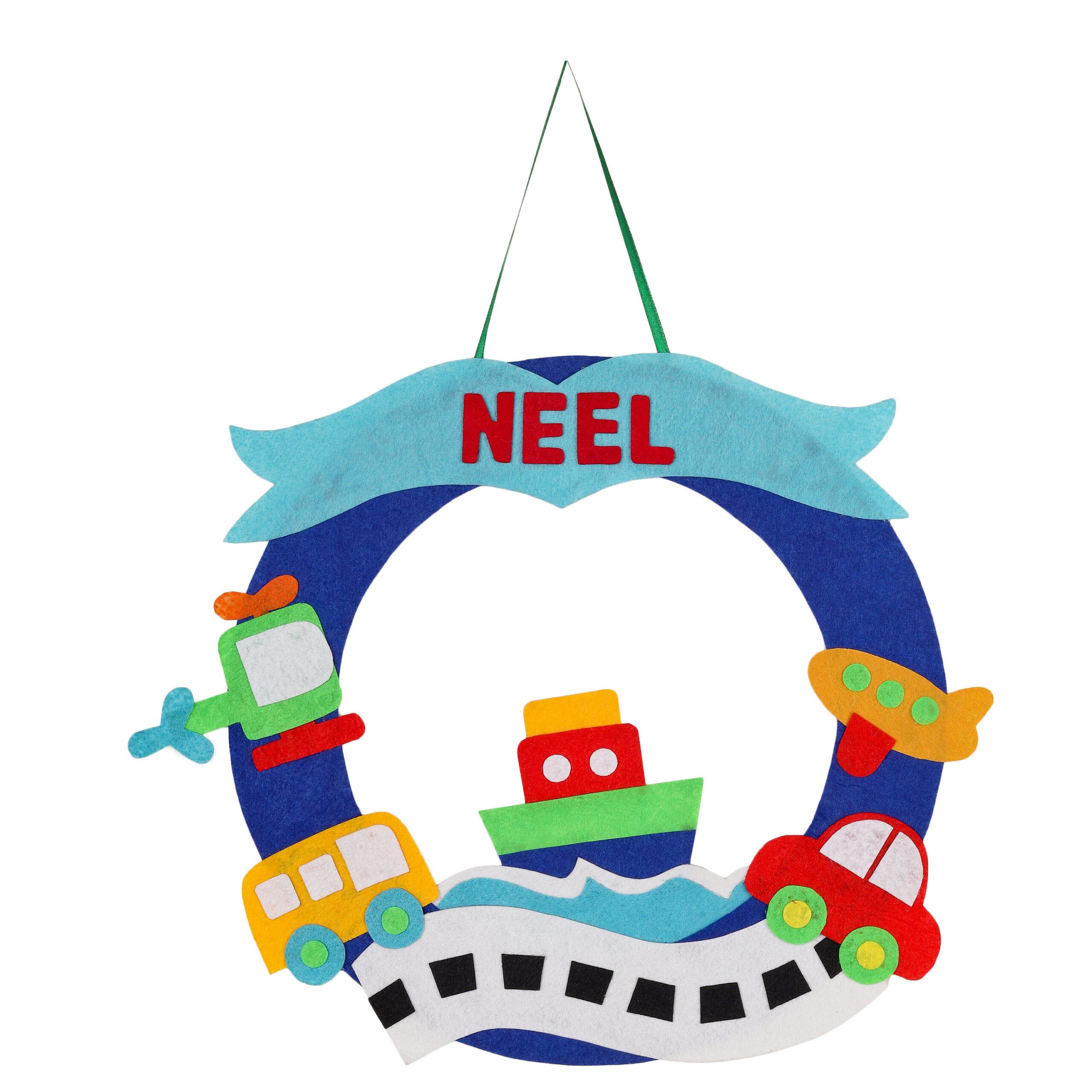 Li'll Pumpkins Blue Transport Theme Personalised Felt Name Hanging, Color - Blue