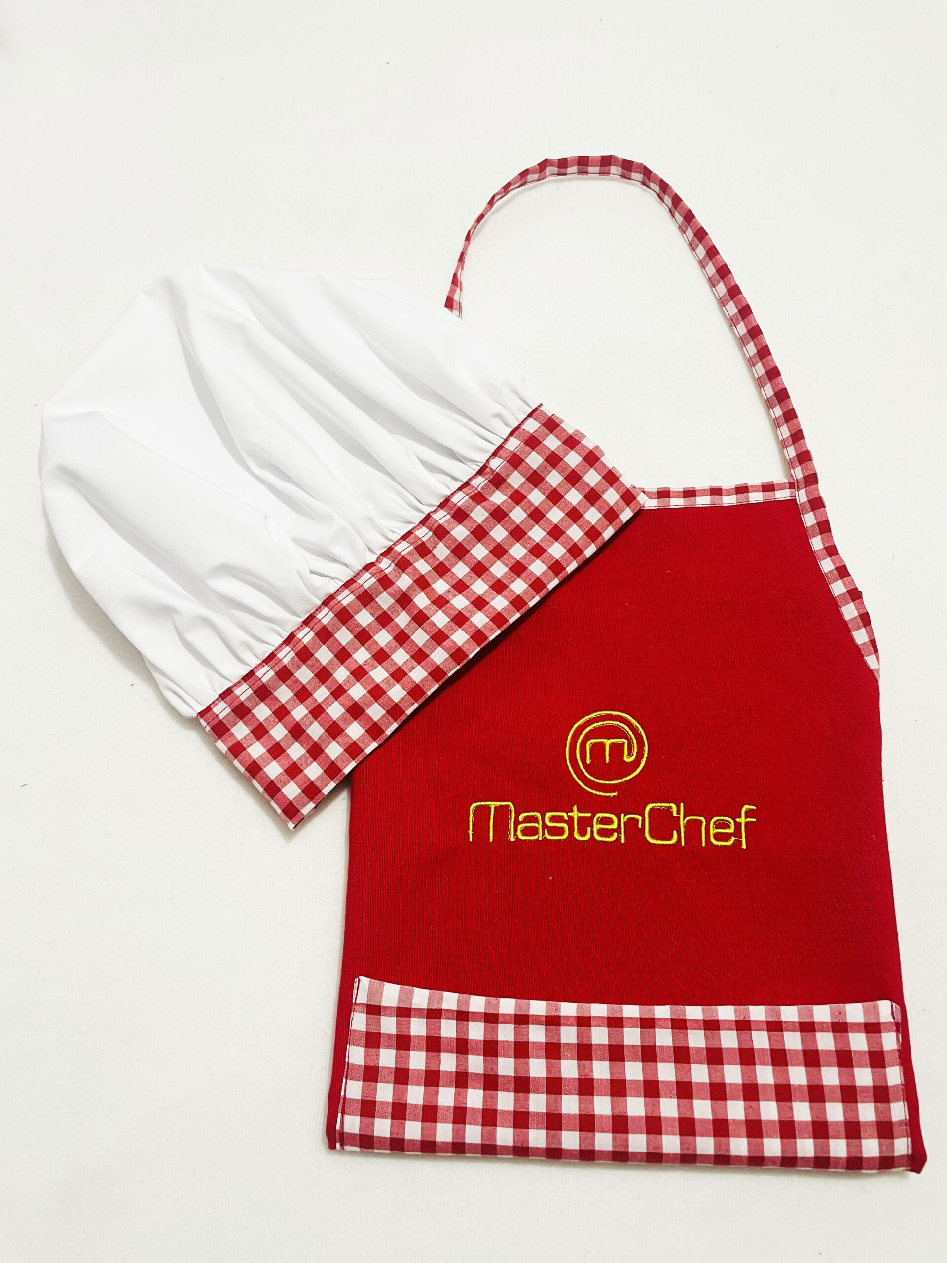 Li'll Pumpkins Li’ll Pumpkins Blue Colour Masterchef Apron with Chef Cap for Eating Meals, Drawing, Painting, cooking, Playing, school, ideal for Kids 6-9 Years - Red (1 apron + chef cap)