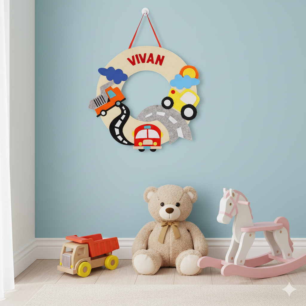 Li'll Pumpkins Beige Transport Theme Personalised Felt Name Hanging, Color - Beige