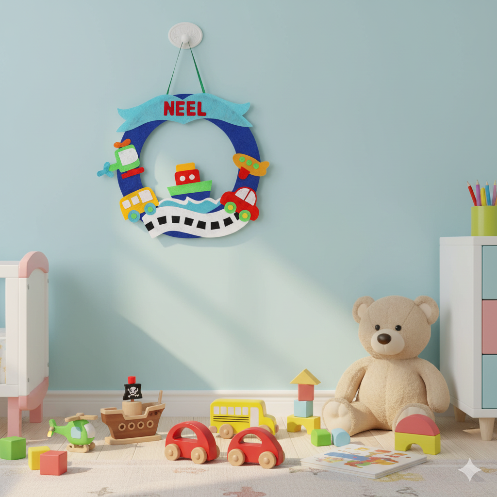 Li'll Pumpkins Blue Transport Theme Personalised Felt Name Hanging, Color - Blue