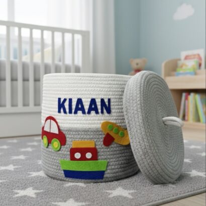 Li'll Pumpkins Personalized transport toys/multipurpose storage basket with lid, color- Grey