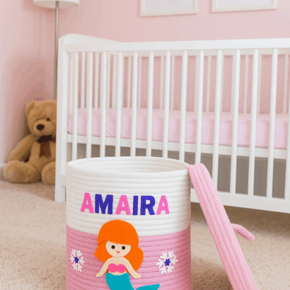 Li'll Pumpkins Personalized Mermaid toys/multipurpose storage basket with lid Color - Pink