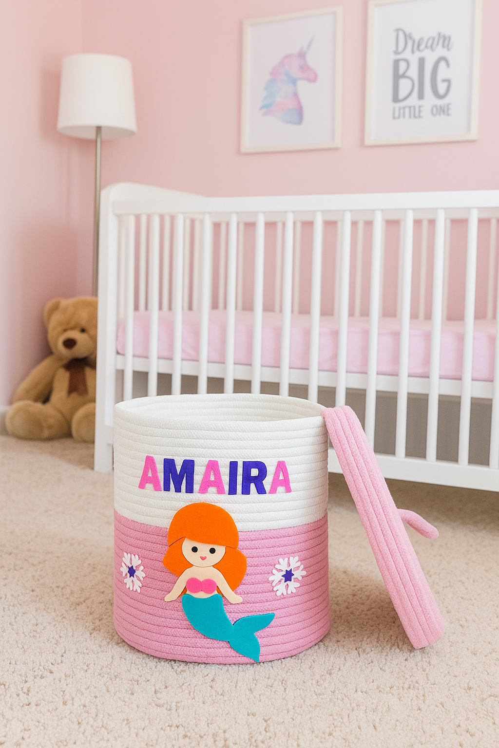 Li'll Pumpkins Personalized Mermaid toys/multipurpose storage basket with lid Color - Pink