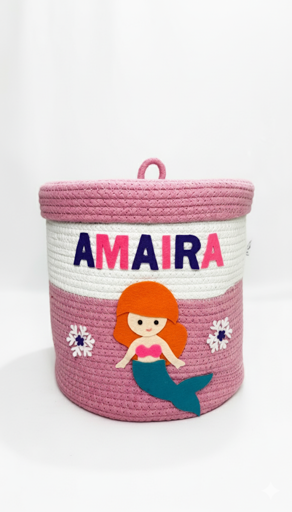 Li'll Pumpkins Personalized Mermaid toys/multipurpose storage basket with lid Color - Pink