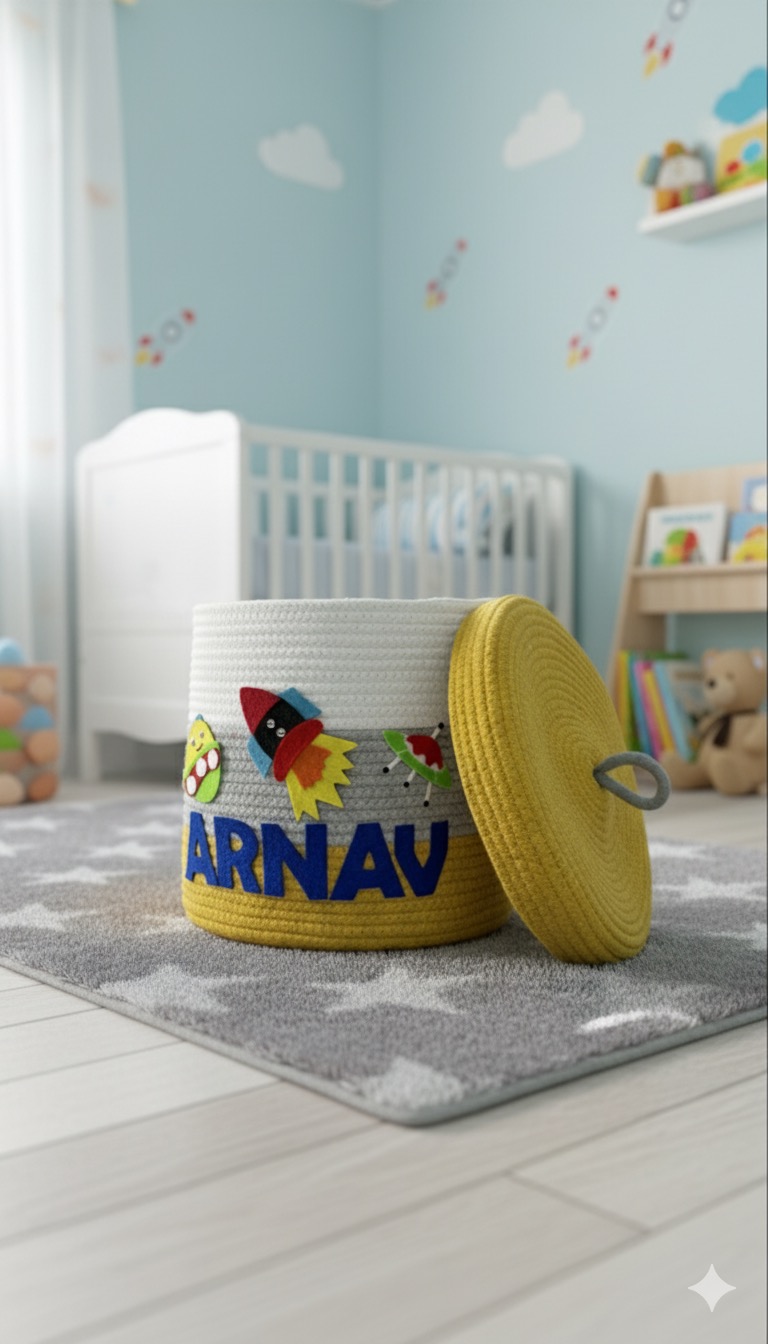 Li'll Pumpkins Personalized Space toys/multipurpose storage basket with lid color- Yellow