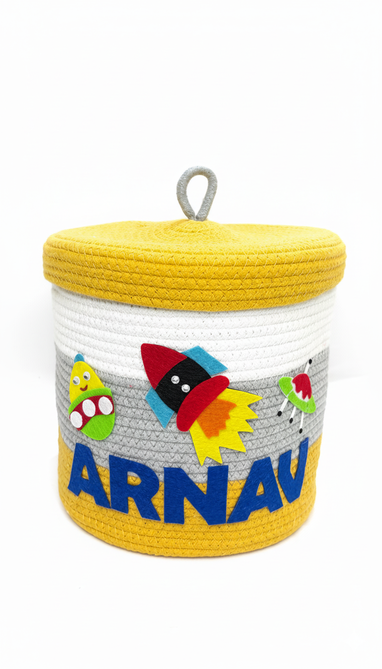 Li'll Pumpkins Personalized Space toys/multipurpose storage basket with lid color- Yellow