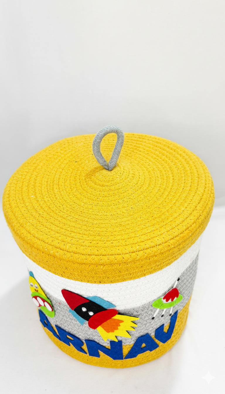 Li'll Pumpkins Personalized Space toys/multipurpose storage basket with lid color- Yellow