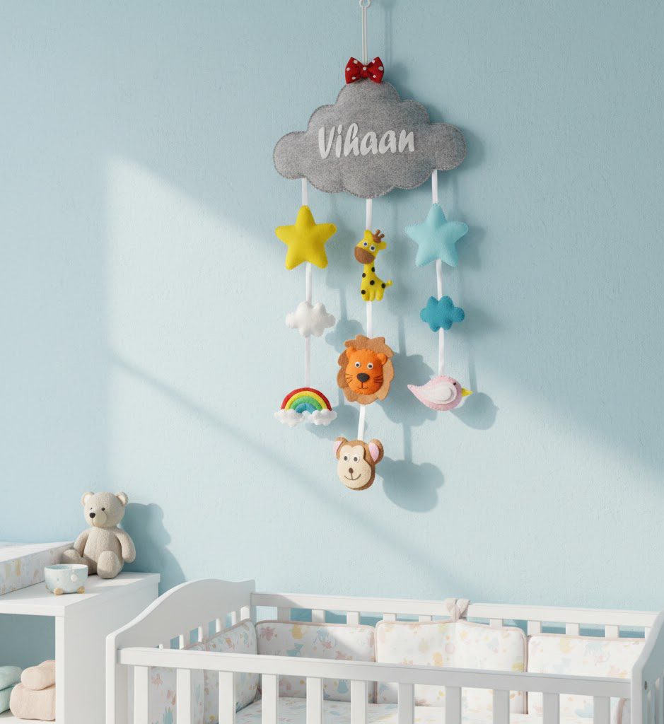 Li'll Pumpkins Animal Theme with cloud and stars Personalized name Hanging, Color - Grey