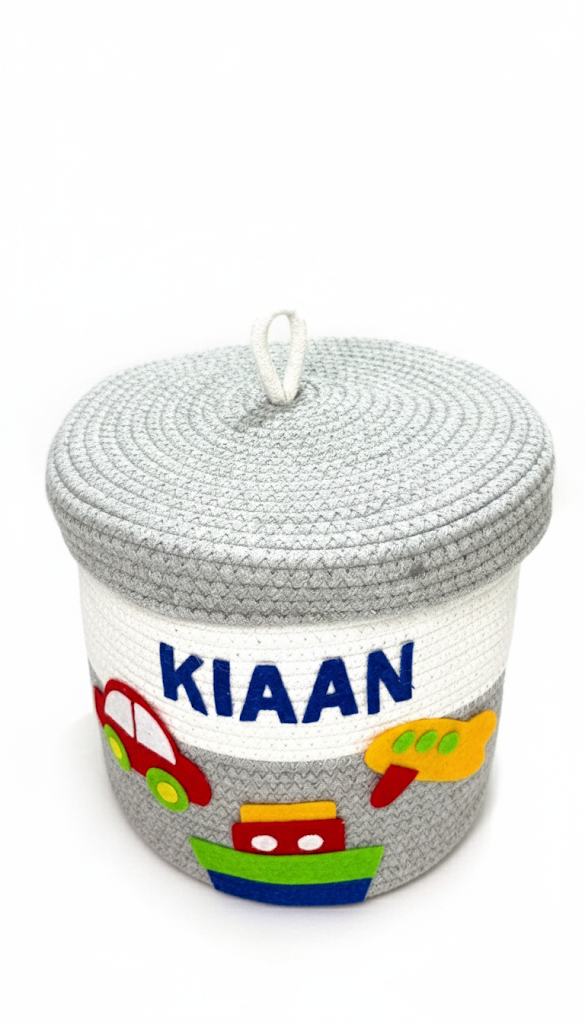 Li'll Pumpkins Personalized transport toys/multipurpose storage basket with lid, color- Grey