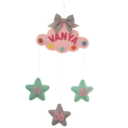 Li'll Pumpkins Cloud Theme Personalized Name hanging with DOB, Color - Pastel Pink