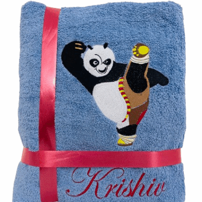 Li’ll Pumpkins Panda Theme Personalized 100% cotton Bath Towel with NAME, 500 GSM quality (set of 1), Color- Sky Blue