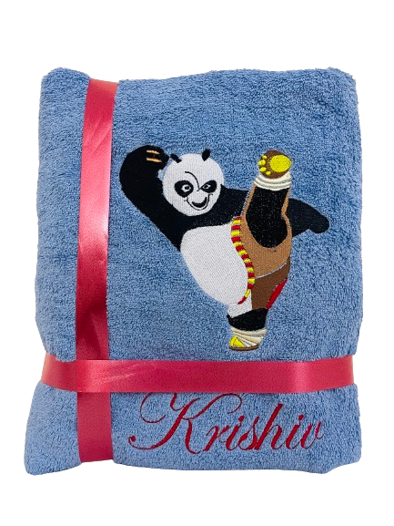Li’ll Pumpkins Panda Theme Personalized 100% cotton Bath Towel with NAME, 500 GSM quality (set of 1), Color- Sky Blue