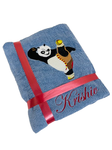 Li’ll Pumpkins Panda Theme Personalized 100% cotton Bath Towel with NAME, 500 GSM quality (set of 1), Color- Sky Blue