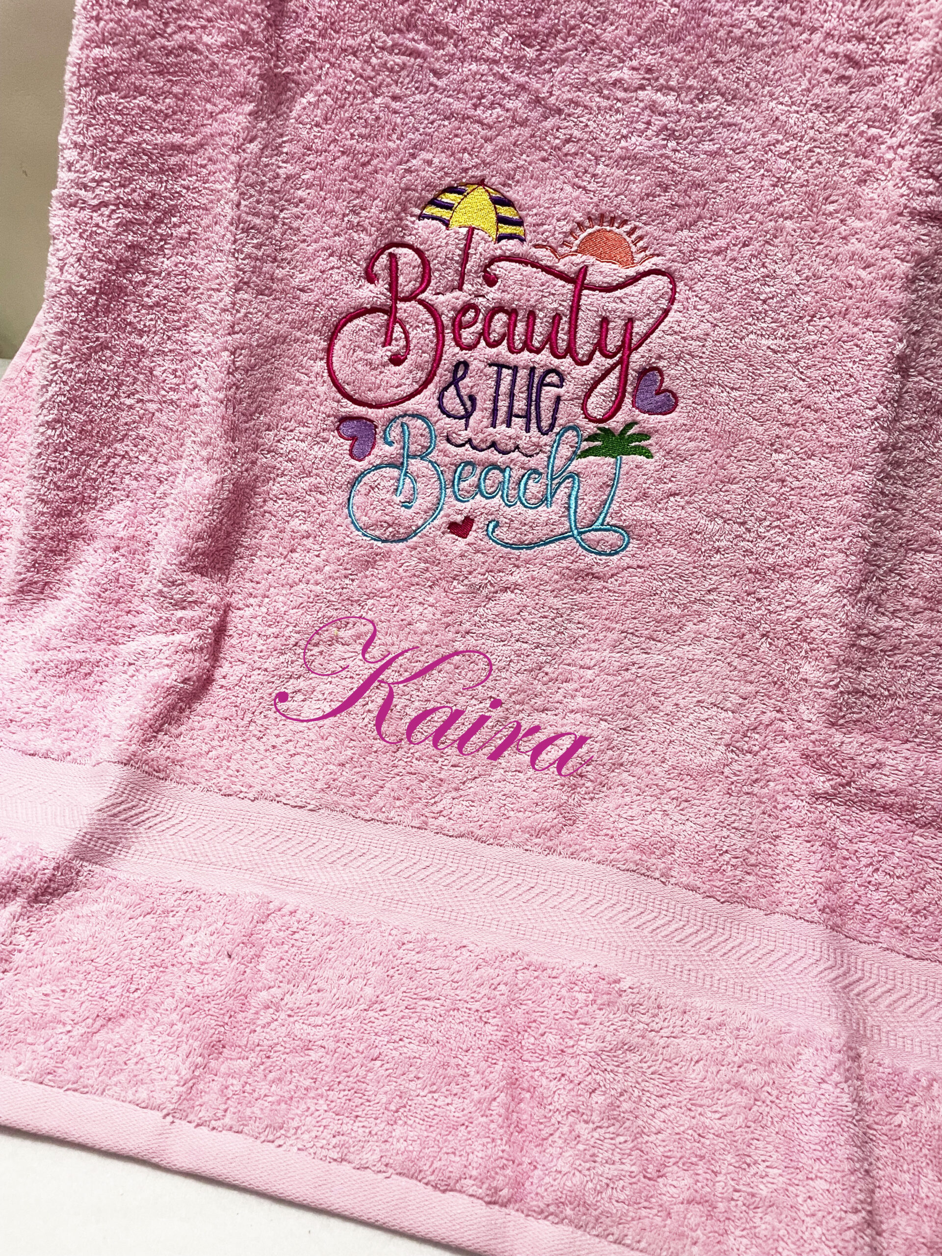 Li’ll Pumpkins Beach Theme Personalized 100% cotton Bath Towel with NAME, 500 GSM quality (set of 1), Color- Pink