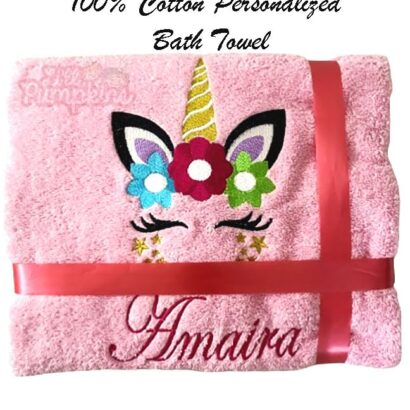 Li’ll Pumpkins Flower Unicorn Theme Personalized 100% cotton Bath Towel with NAME, 500 GSM quality (set of 1), Color- Pink