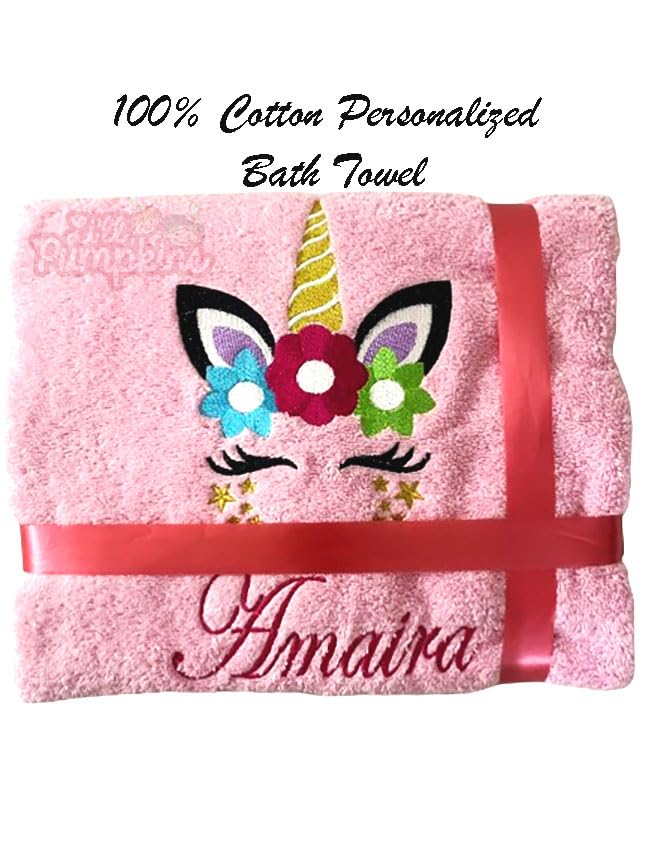Li’ll Pumpkins Flower Unicorn Theme Personalized 100% cotton Bath Towel with NAME, 500 GSM quality (set of 1), Color- Pink
