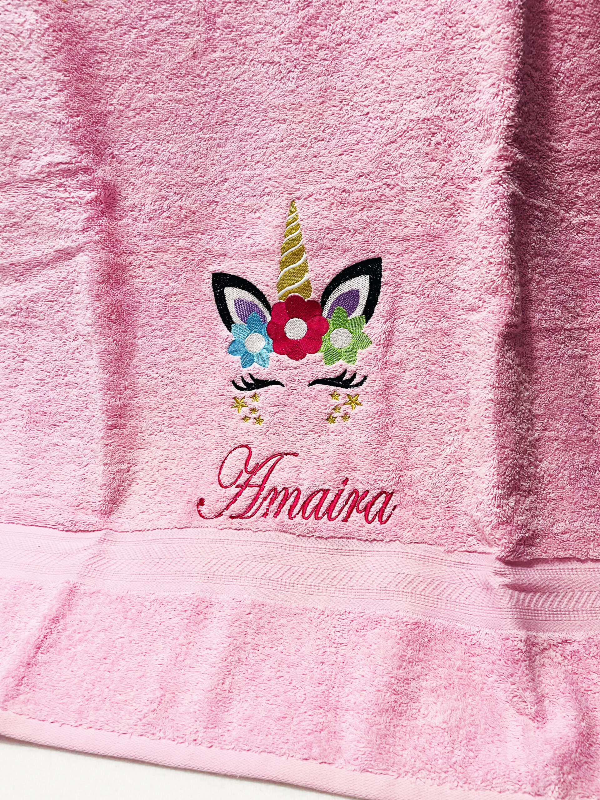 Li’ll Pumpkins Flower Unicorn Theme Personalized 100% cotton Bath Towel with NAME, 500 GSM quality (set of 1), Color- Pink