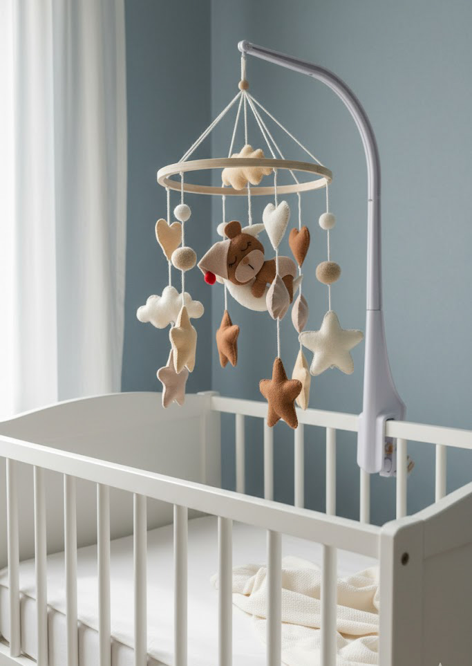 Li'll Pumpkins Teddy on moon Felt Baby Cot Mobile, Color - Earthy Brown