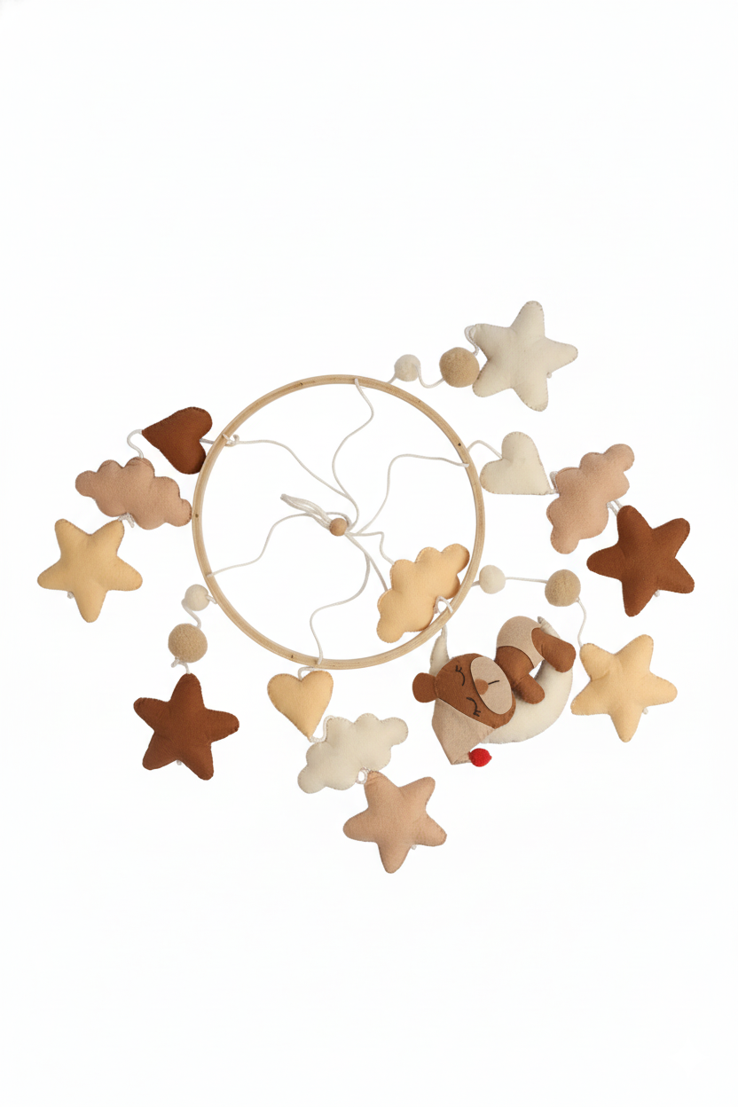 Li'll Pumpkins Teddy on moon Felt Baby Cot Mobile, Color - Earthy Brown