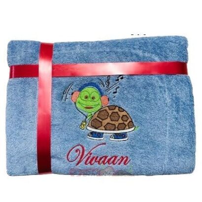Li’ll Pumpkins Turtle Theme Personalized 100% cotton Bath Towel with NAME, 500 GSM quality (set of 1), Color- Sky Blue