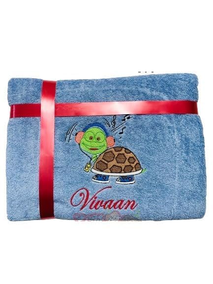 Li’ll Pumpkins Turtle Theme Personalized 100% cotton Bath Towel with NAME, 500 GSM quality (set of 1), Color- Sky Blue