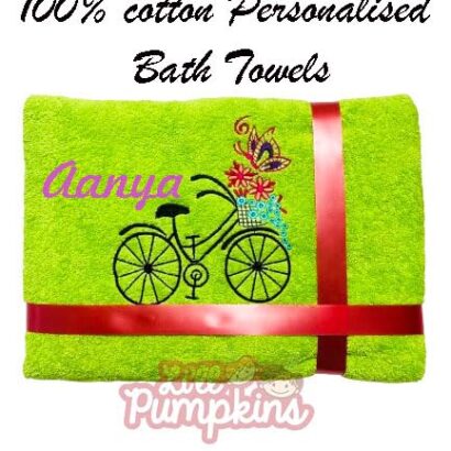 Li’ll Pumpkins Flower Theme Personalized 100% cotton Bath Towel with NAME, 500 GSM quality (set of 1), Color- Green