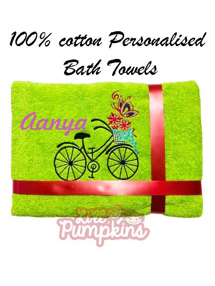 Li’ll Pumpkins Flower Theme Personalized 100% cotton Bath Towel with NAME, 500 GSM quality (set of 1), Color- Green