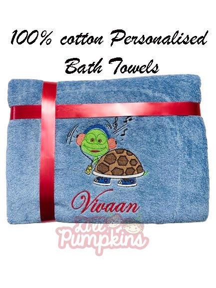 Li’ll Pumpkins Turtle Theme Personalized 100% cotton Bath Towel with NAME, 500 GSM quality (set of 1), Color- Sky Blue