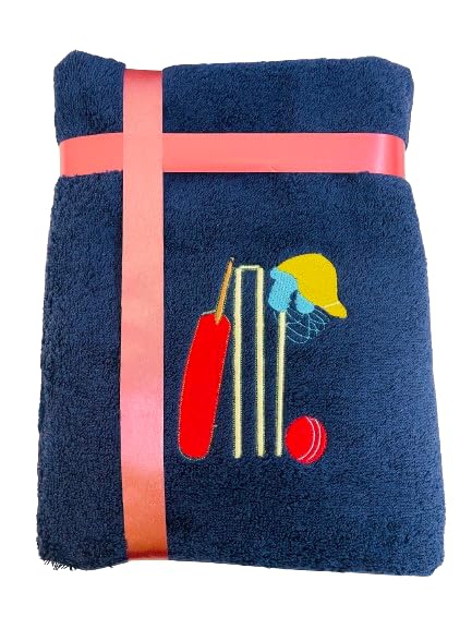 Li’ll Pumpkins Cricket Theme Personalized 100% cotton Bath Towel with NAME 500 GSM quality (set of 1), Color- Blue