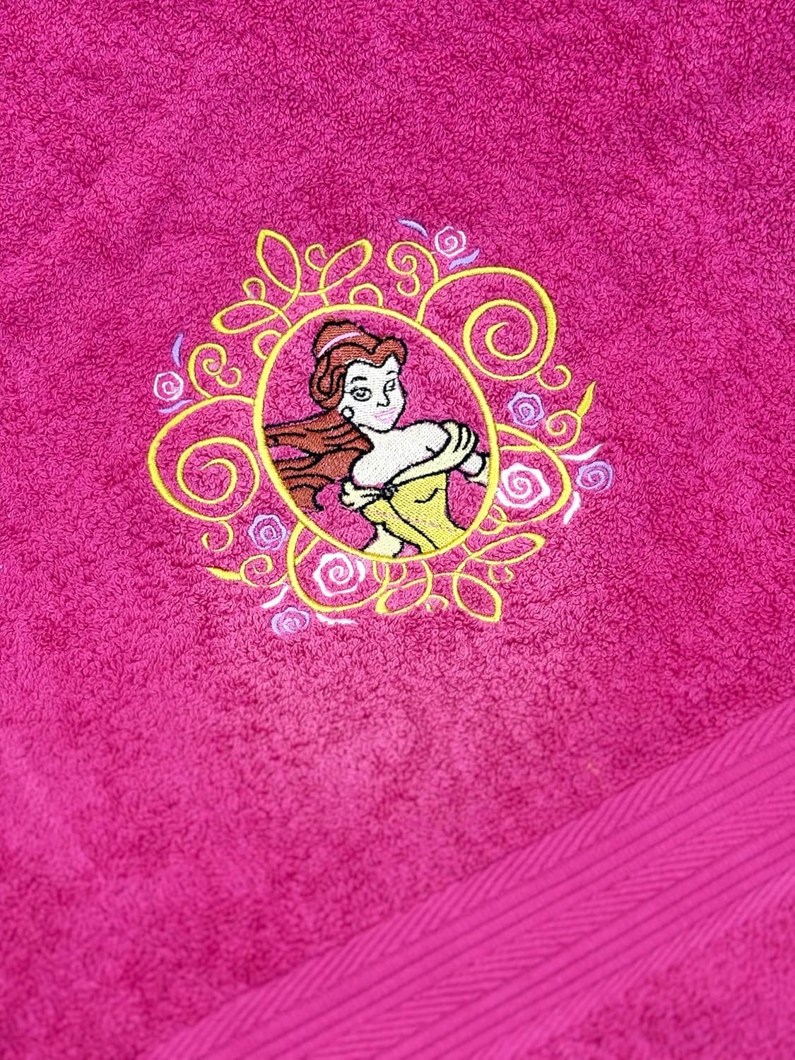 Li’ll Pumpkins Princess Belle Theme Personalized Embroidered 100% Cotton Bath Towel with Name for Kids, 500 GSM (Pack of 1, Dark Pink)