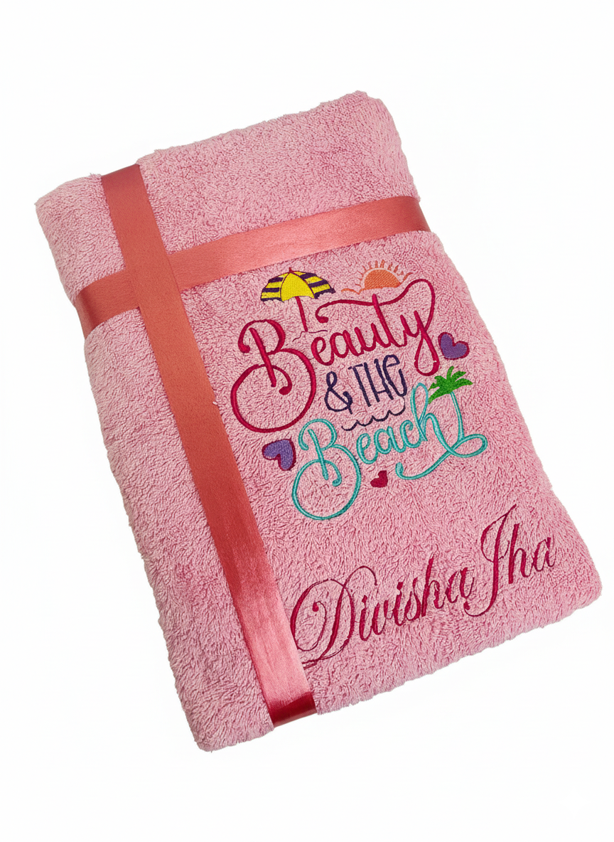 Li’ll Pumpkins Beach Theme Personalized 100% cotton Bath Towel with NAME, 500 GSM quality (set of 1), Color- Pink