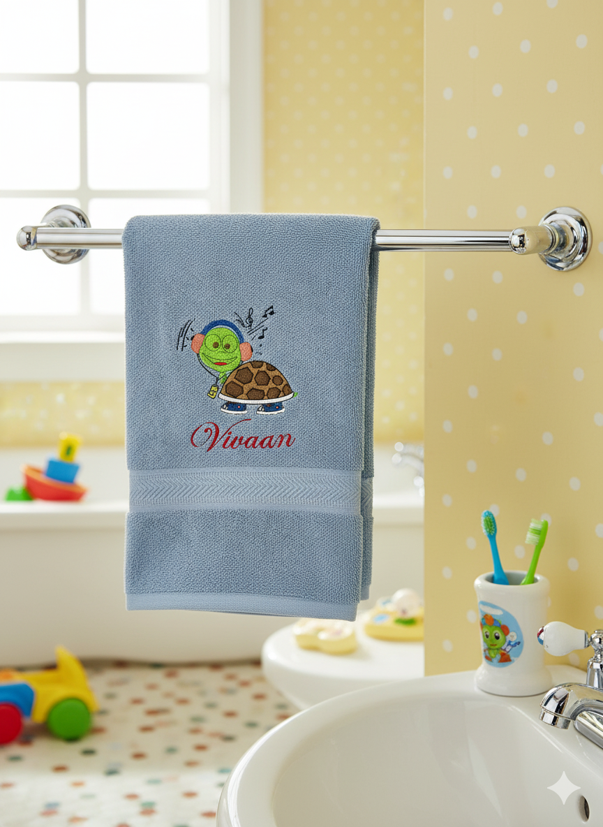 Li’ll Pumpkins Turtle Theme Personalized 100% cotton Bath Towel with NAME, 500 GSM quality (set of 1), Color- Sky Blue