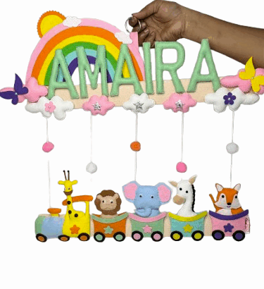 Li'll Pumpkins Pastel Rainbow Animal Train Personalized Name hanging, Color - Multi pastel